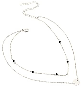 Mesnt Choker Halskette, Mehrschichtige Halskette Pailletten und Perlen Geschichtete Halskette Geschenk für Geburtstag Muttertag, Halskette Verstellbar, 2 Schicht, Silber, 38CM