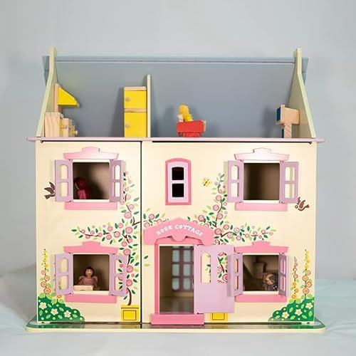 DecoBay Wooden Dolls House and Furniture Bedroom, Kitchen, Bathroom and Living Room with Family Dolls (3 Storey Dollhouse and 26 Pcs Furniture + 6 Dolls)