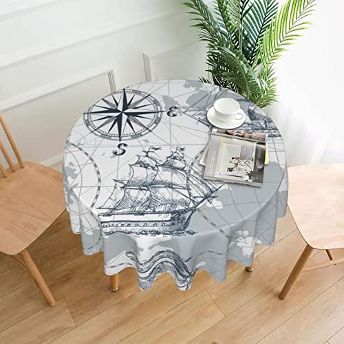 Runde Tischdecke mit maritimem Segelboot-Karte – 152 cm, wasserabweisend, auslaufsicher, waschbar, Polyester-Tischdecke, für Picknick, Küche und Urlaubsessen