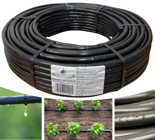 acquaverde | Ala Gocciolante ø 16 mm Passo 50 cm con Gocciolatore Doppio Foro 2 L/H SUPER, Rotolo da 100 mt, Tubo In Polietilene per Irrigazione a Goccia Automatica, Nero - Orto Facile