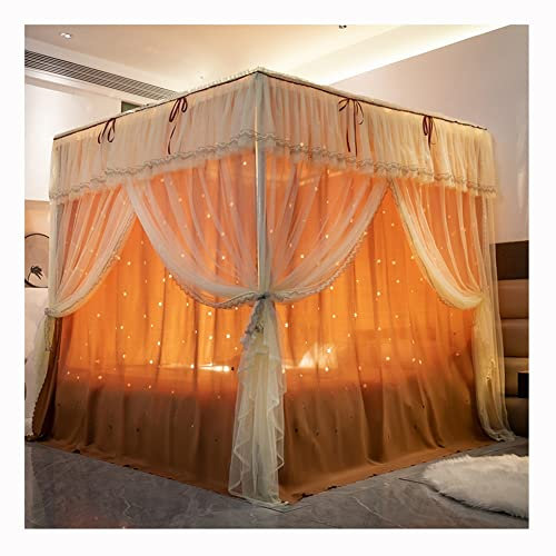 Betthimmel Gelbes 4-Eck-Säulenbett mit Baldachin, Moskitonetz, Einzel-Doppelbett, romantischer, schöner Schlafzimmervorhang, mit Metallhalterung (Color : Yellow-B, Size : 180X230cm/71X91inch)
