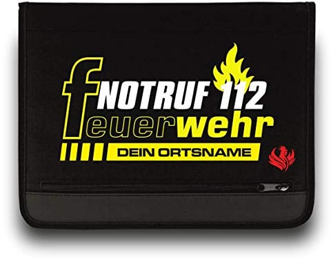 Feuerwehr Schreibmappe / FW Notruf 112 +Ortsname / Neongelb-Weiss / Roter Hahn 112 / Einsatzorganizer auch für THW Rettungsdienst Notarzt