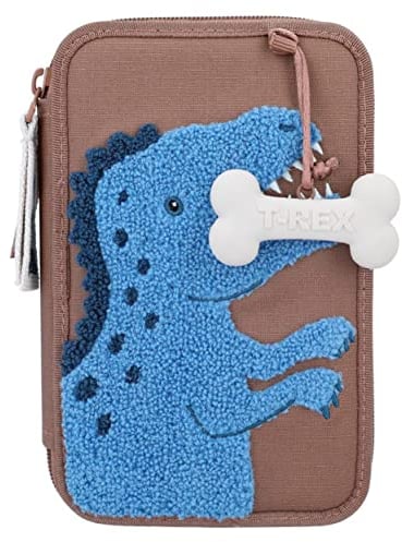 Depesche 12008 World Mini-Gefüllte 2-Fach Federtasche in Blau, mit Dino-Motiv aus Frotteestoff und Knochen-Anhänger, Federmäppchen mit Buntstiften, Lineal, Schere UVM