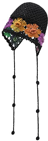 ZLYC Women Baumwolle Strickmütze Handgemacht Gehäkelter Strick Sommer Blumens Mütze(Geflecht Blumen Schwarz)