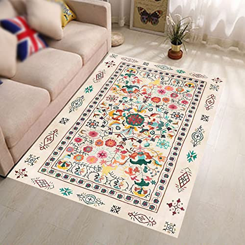 Rururug Kurzflor Teppich Flur Schlafzimmer Wohnzimmer Küchenteppich Balkon Bodenmatte Campingteppich,Mehrfarbiges Vintage-Blumenmotiv,Pink Green,Rectangular 100 x 150 cm