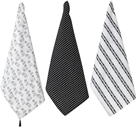 Penguin Home Set of 3 Recycled cotton Tea Towels, Eco Friendly Sustainable YD Waffel & Textured Weave Printed Kitchen Towels Size - 50x70 cm Colour - Black & White Dish Towels