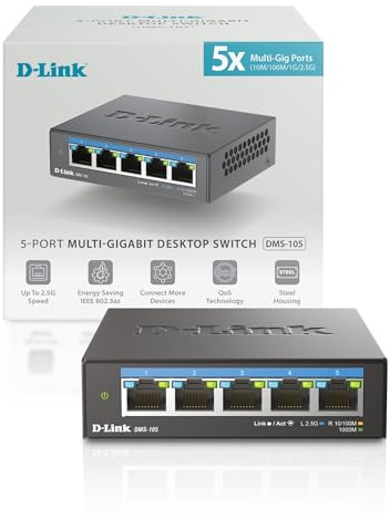 D-Link Switch da gioco non gestito a 5 porte da 2,5 GB con 5 | (DMS-105) Multi-Gig in metallo resistente senza ventola, scrivania/parete, indicatore di velocità LED, QoS, porte schermate