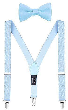 CEAJOO Herren Jungen Hosenträger und Fliege Set verstellbar mit schwarzen Metallclips, Hellblau-1, XL: 47 (adult size)