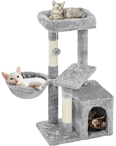 Yaheetech Kratzbaum 87 cm Katzenbaum Kletterbaum, mit Aussichtsplattform Liegemulde Katzenhöhle Sisalstämme Hellgrau
