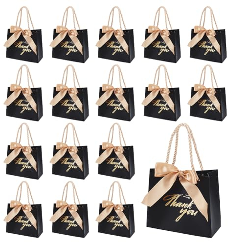 NBEADS 24 Stück Dankeschön-Geschenktüten, Schwarze Papier-Geschenktüten Heißpräge-Partygeschenktüten Mit Schleife Für Geschäftliche Einkäufe Hochzeit Geburtstag Partyzubehör, 14x12x6cm