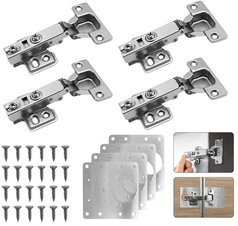 Pumuky 4 Pièces Complètement Recouvrante Charnieres,Charnières de Meuble,Charnière Invisible,Charnière avec Amortisseur,Plaque Reparation Charniere Porte avec Vis pour Armoires,Penderies,Bureaux
