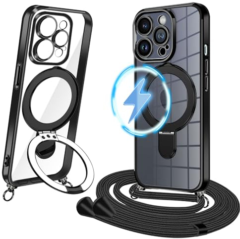 XCYYOO Handykette für iPhone 15 Pro Hülle mit Band [Kompatibel mit MagSafe] Handyhülle iPhone 15 Pro mit Band Transparent Silikon Schutzhülle zum Umhängen Durchsichtig Phone 15 Pro Case mit Ständer