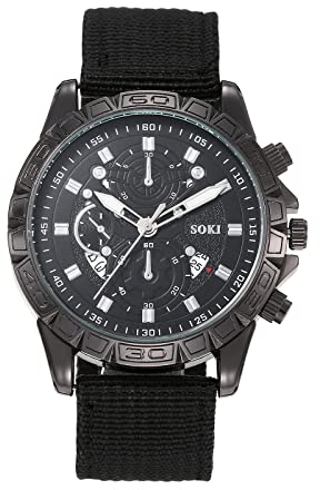 Silverora Uhr Herren Militäruhr Sportuhr: Großes Zifferblatt DREI Augen Dekoration Analoge Quarzuhr Datum Kalender Leuchtende Zeiger Uhr mit Nylonarmband Blumengehäuse Geschenke für Männer Schwarz