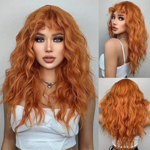 Beweig Orange lange wellige Perücke mit Pony natürliche synthetische hitzebeständige tägliche Cosplay Haare Perücke für Frauen