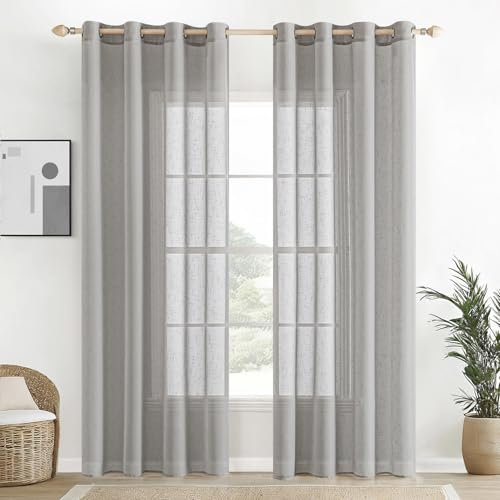 EMEMA Voile Vorhang Sheer Leinenvorhang Transparente Leinen Gardinen Ösenschal Wohnzimmer Wohnzimmer Modern 2er Set Fensterschal Dekoschal Schlafzimmer mit Ösen 140 x 225cm (B x H) Hellgrau