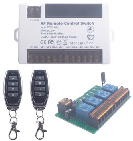 12V 24V 4 Channels Wireless Relay Remote Control Switch, RF 433Mhz DC 5V-30V Garage Door Opener Wireless Switch with Receiver 2 Transmitters, Easy to Terminal Wiring (4CH-2* Controller)