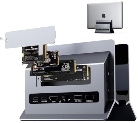 TobenONE Vertical Laptop Docking Station Stand for MacBook, Laptop Stand Docking Station with 4K@60Hz HDMI, SSD Card Slot Support M.2 NVMe SSD, USB Ports, for Chromes/Windows Laptop,Tablets, Mac Mini
