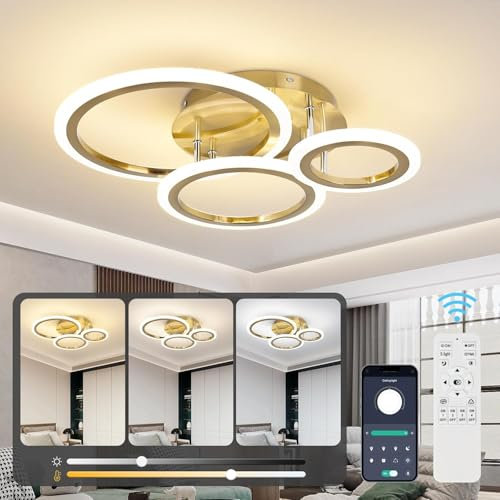 EIDISUNY LED Deckenleuchte Dimmbar, 35W 58cm Deckenlampe Gold Modern Wohnzimmerlampe mit Fernbedienung, 3000K-6500K, 3-Ringen kreis Schlafzimmerlampe Led Deckenbeleuchtung für Büro Küche esszimmer.