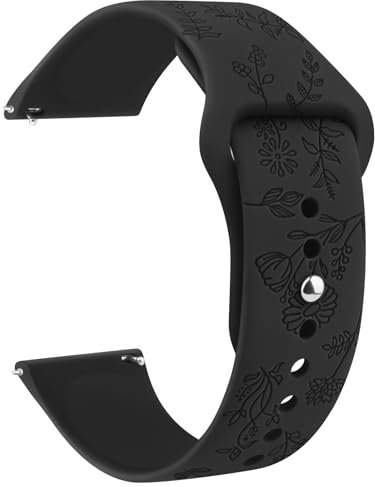 ZGCE Floral Gravierte Armband 20mm 22mm Uhrenarmbänder, Wasserdichtes Silikon Armbänder, Mit Schnellverschluss Verstellbares Ersatzarmband für Herren Damen (22mm, Schwarz)