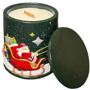 Weihnachten Aroma | Duftkerze mit Santa & Schlitten & Rentieren & Geschenken | Sojawachs Holzdocht Keramik | Germany Handmade | Mandarine, Zimt & Muskat | 45 h Brenndauer (Santa Bunt)