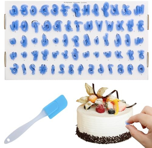 Scettar Ausstechformen Buchstaben Kekse Set, 66 Stück Wiederverwendbare Schablonen Buchstaben und Zahlen, Mini-Ausstechformen Blau, Backzubehör zur Herstellung von Kuchendekorationen, wird mit Schaber