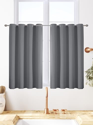 VEHEDE Grau Ösenvorhang Gardinen Kurz Fenster Küche Thermovorhang gegen Kälte Übergardinen 2er Set Vorhänge Schlafzimmer mit Ösen Vorhang Verdunkelung Wohnzimmer, H 84 x B 117 cm