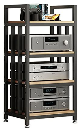 SGKOMN 4 Tier Furniture Media Stand Audio Rack DVD CD Player Stand Power Amplifier Equipment Cabinet with Height Adjustable Wooden Shelf, Floorstanding Stora(Black)
