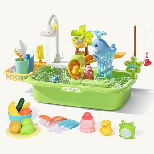 Lavandino Giocattolo con Acqua, Apritsce Lavandino Bambini con Gioco Pesca, Set Cucina Bambini per Gioco di Ruolo