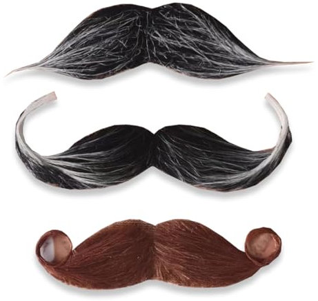 OUDQFCJ Lot de 3 moustaches à coller, moustache à coller, fausse moustache, fausse moustache, costume de moustache autocollant, déguisement de détective (3 pièces, noir)
