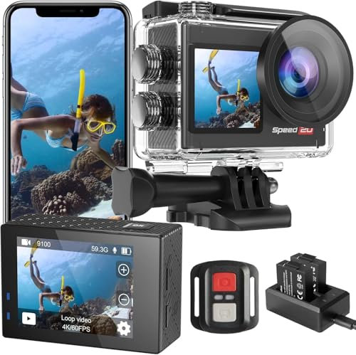Hiicam Speed 20 Action Camera Dural Screen 4K 60FPS Underwater Camera Snorkeling 131FT, Waterproof Camera with EIS Stabilization, Wireless Remote, 5X Zoom, 170° Wide Angle