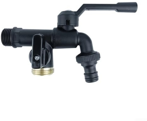 Schwarzer Wasserhahn-Kugelhahn, Garten-Kugelhahn-Kugelhahn-Set, Außenhahn-Set für Garten, Haushalt, Industrie (1/2 x 3/4 x 3/4 + 1 Nippel)