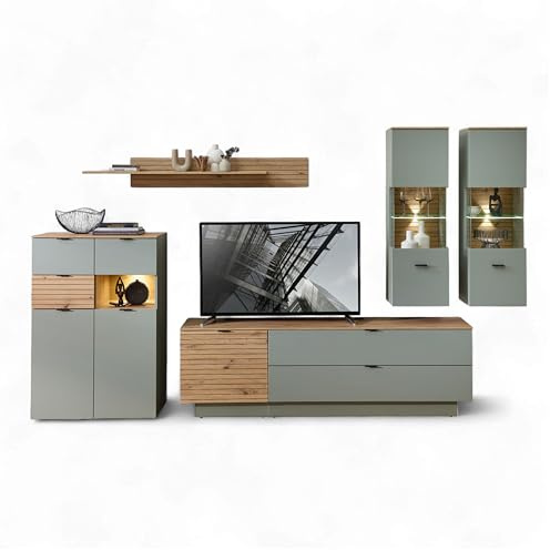 Stella Trading INA Wohnwand Komplett-Set in Schilfgrün, Artisan Eiche Optik FSC-Zertifiziert - Moderne Schrankwand 6-teilig mit LED-Beleuchtung für Ihr Wohnzimmer - 340 x 200 x 44 cm (B/H/T)