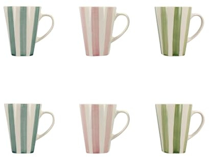 NOVASTYL - Lot de 6 mugs Arlequin 36cl en grès blanc avec rayures Bleues, Roses et Vertes - 2414199