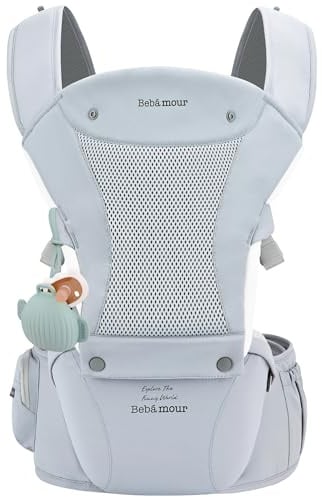 Bebamour Porte-bébé pour nouveau-né à tout-petit, siège hanche 0 à 36 mois avec bonnet, 3 coussinets de dentition, extension de hanche, sac de rangement et étui à tétine, bleu