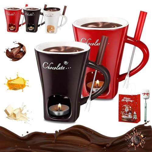Liocwocne Chocolate Fondue Mug, Mini Chocolate Melting Cup with Fork, Ceramic Melting Cups Heated with a Tealight, Portable Cute Fondue Cup Set for Date Night Birthday Wedding Gifts (2PCS-A)