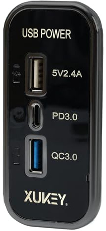 USB Charger Socket, 12V/24V 2.4A USB PD3.0 Type C QC3.0 3 Ports Fast Charging Panel for Car Truck RV SUV Boat (Black Border)