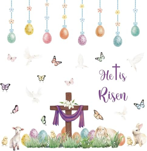 ANHUIB Fensterbilder Ostern Jesus Selbstklebend Fensteraufkleber Christlich Fenstersticker Oster Aufkleber He is Risen Fensterdekoration Frühling Hasen Küken Ostereie Schmetterling Weiße Taube Deko
