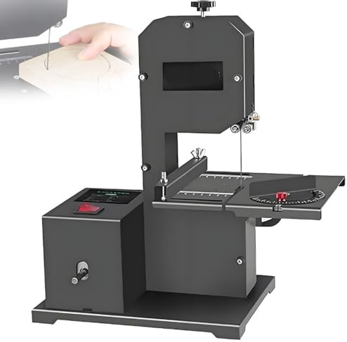 Oiyekntd Tischbandsäge für kleine Werkstätten, 70 mm Schnitthöhe, 90 mm Ausladung, Kurven- und Geradeschnitte, neigbarer Metalltisch (0–45°), robuste Tischbandsäge für Holz