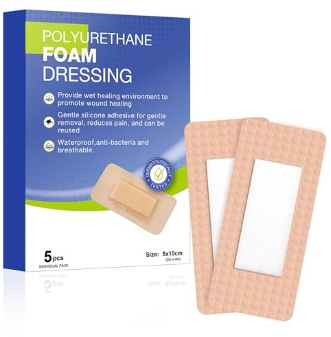 Silikonschaumverband 5 Stück Silikon Wundverbände Wasserdichter Selbstklebender Schaumstoffverbände Sterile Wundpflaster für Dekubitus Blasen Wundversorgung, 5X 10CM
