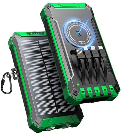 Power Bank Solar 26800mAh con 4 Cables, Inalámbrico USB-C 15W Carga Rápida