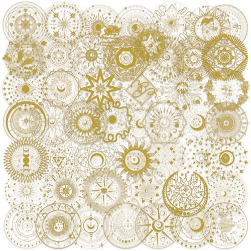 PNGIF Gold Mond und Sonnenaufkleber 50 Stück, Graffiti Aesthetic Fantasy Stickers Set für Journal Scrapbook Kühlschrank Kindle Koffer Laptop Skateboard MacBook, Wasserfeste Transparenter PET Stickers
