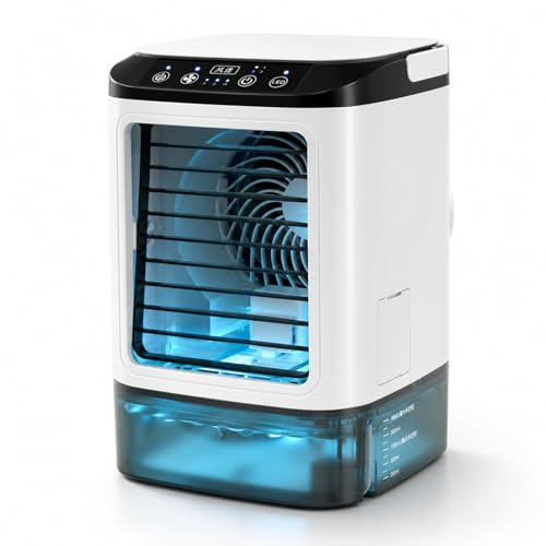 Air Cooler, Mini Portable Air Conditioner Fan, Noiseless Evaporative Air Humidifier Con Unit, 3 in1 Desk Cooler with 3 Wind Speeds, Cooling Mist, 7 LED Lights for Home Travel Office