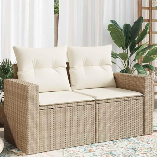 Arborthrum Gartensofa mit Kissen 2-Sitzer Loungesofa Gartenmöbel Gartengarnitur Sitzgruppe Sitzgarnitur Terrassenmöbel mit Stauraum für Garten Terrasse Balkon Beige Poly Rattan