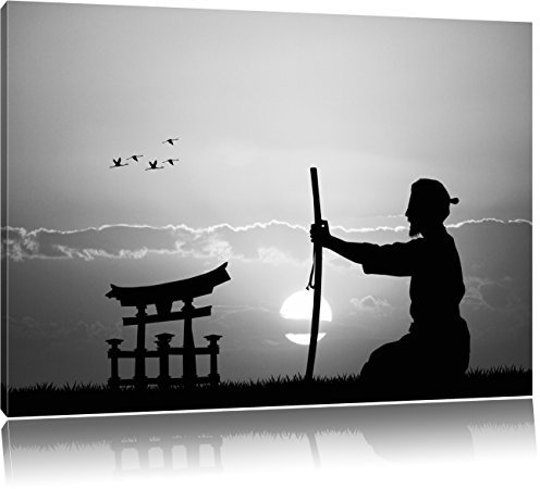 Pixxprint Alter Samurai-Meister vor Horizont Kunst B&W, Größe: 100x70cm, Leinwandbild, fertig gespannt, Wandbild, Dekoration, Kunstdruck, kein Poster