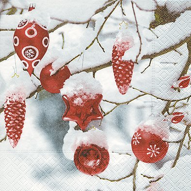 20 Servietten 33 x 33 cm Weihnachten Kugeln Zapfen im Schnee Schneelandschaft