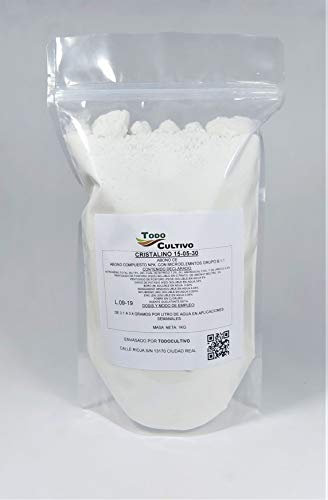 Abono cristalino 15-05-30. 1 Kilo. Favorece el Crecimiento del Cultivo y engorde del Fruto. 100% Soluble en Agua.