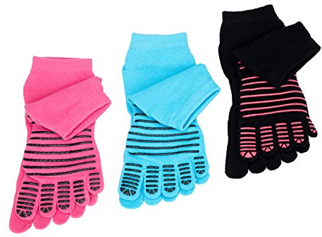 FULLANT 3 Paar Damen Yoga Socken Baumwolle rutschfeste Zehensocken für Pilates, Barre, Ballett, Tanz, 3 Paar (Schwarz, Blau, Hotpink)