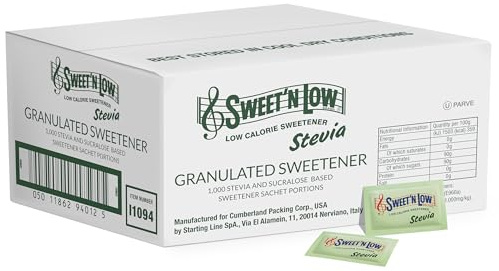 Sweet'N Low Stevia Zero Calorie Sweetener Sachets - 1000 Pack (2000 Servings per Pack), Natural Sugar Substitute, Ideal for Hot & Cold Beverages, Suitable for Home, Office & Travel