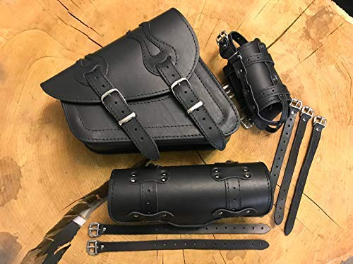 ORLETANOS Komplettset Seitentasche kompatibel mit Sportster 1200 Flame Rolle + Tasche Lenkerrolle Leder Harley Davidson HD Sporty Set Satteltasche Lowrider Forty Eight 48 1200 883 Iron XL