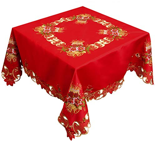 Grelucgo Weihnachts-Tischdecke, Bestickt, quadratisch, 137 cm, Rot